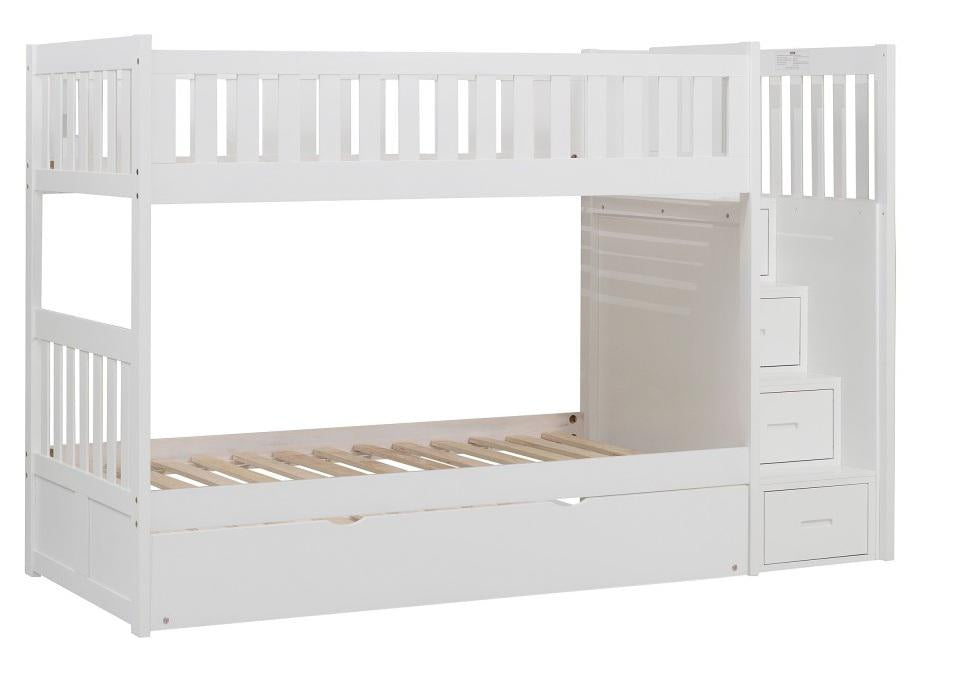 Homelegance Galen Bunk Bed w/ Reversible Step Storage and Twin Trundle in White B2053SBW-1*R