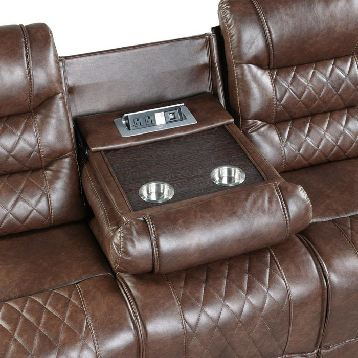 Homelegance Furniture Putnam Power Double Reclining Sofa with Drop-Down in Brown 9405BR-3PW
