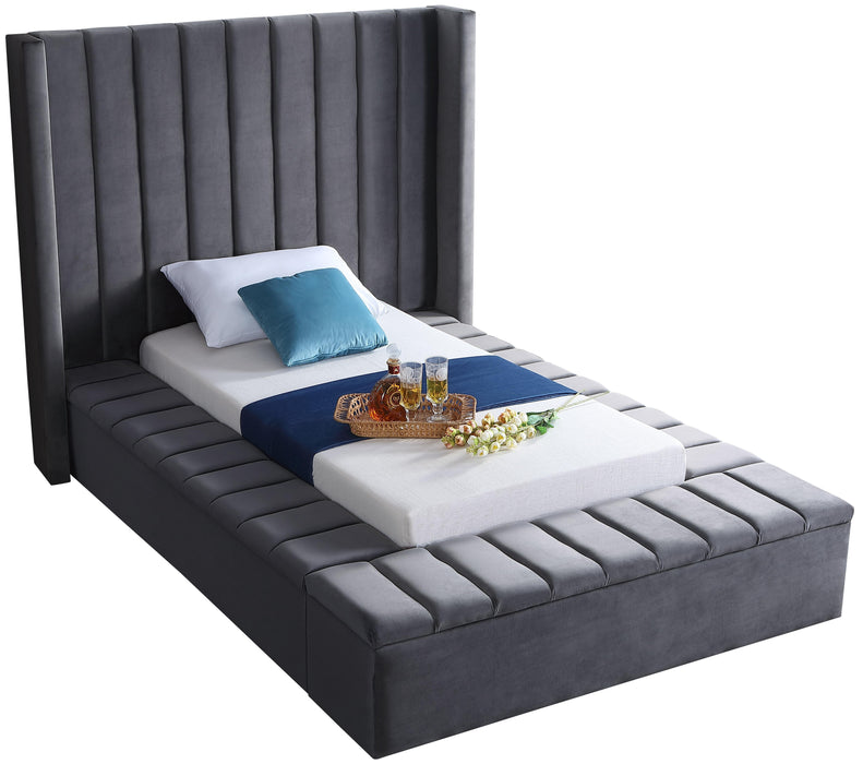 Kiki Grey Velvet Twin Bed (3 Boxes)
