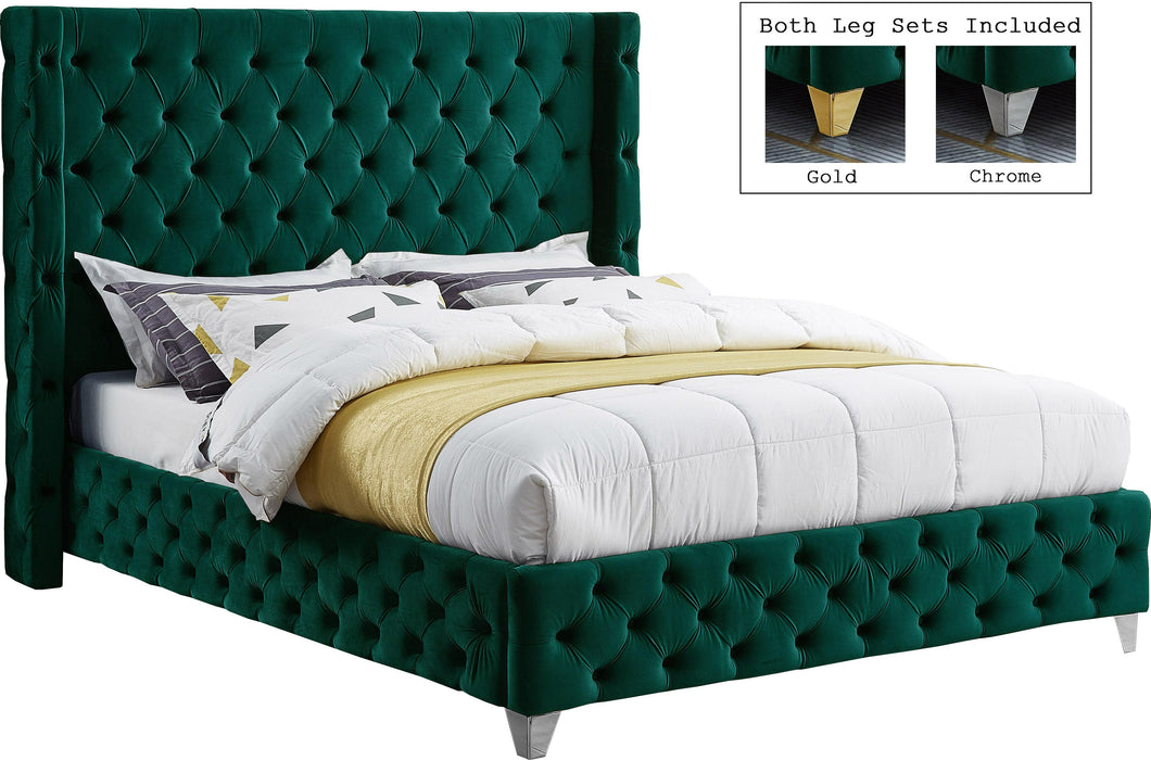 Savan Green Velvet Queen Bed