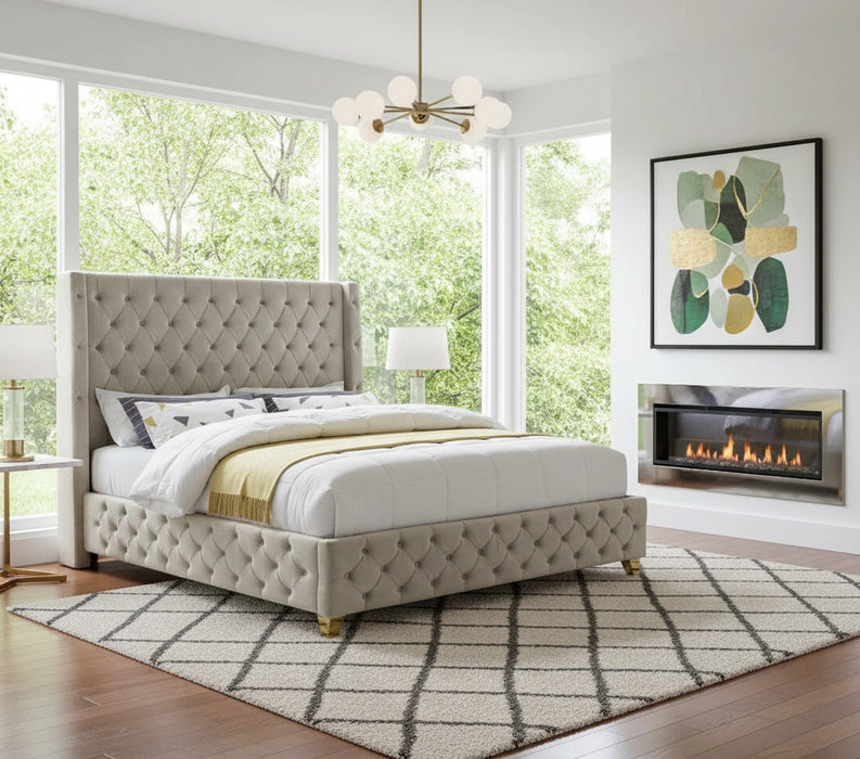 Savan Cream Velvet Queen Bed